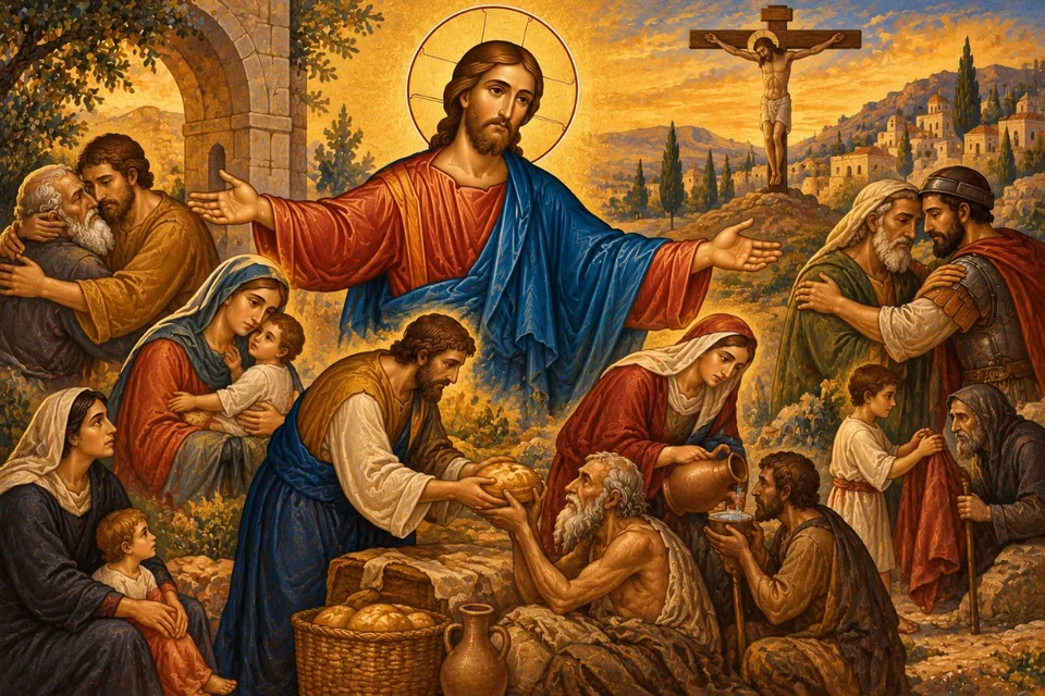 Ο Χριστός με ανοιχτά χέρια ανάμεσα σε ανθρώπους που αγκαλιάζονται, μοιράζουν ψωμί και νερό και ντύνουν τους φτωχούς· στο βάθος ο Σταυρός