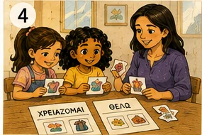 Η μαμά και τα παιδιά χωρίζουν καρτέλες σε δύο στήλες, «χρειάζομαι» και «θέλω»