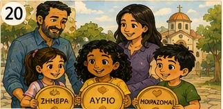 Ολόκληρη η οικογένεια κρατά τα τρία κουτιά μπροστά από την εκκλησία